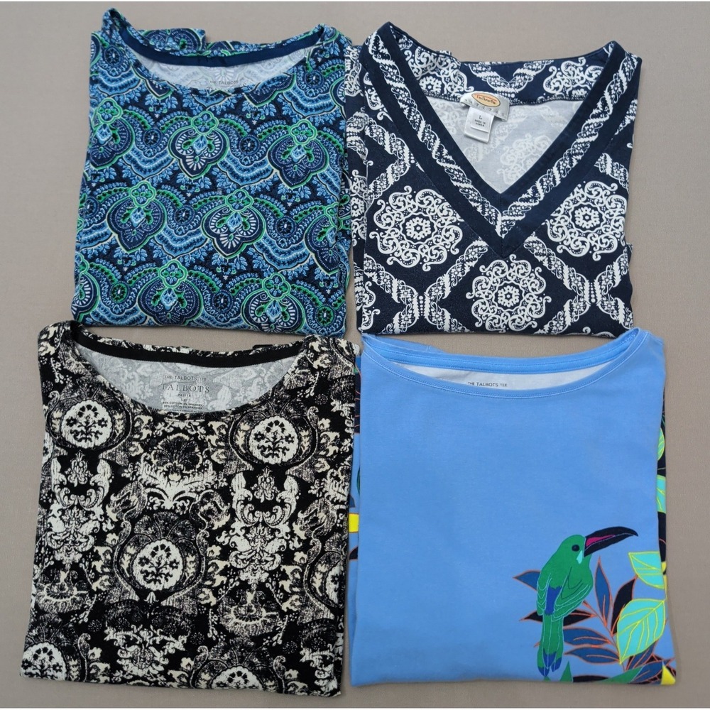 Lot of 4 The Talbots Tee Patterned Casual Shirts Women Sz Petite L Long&3/4 Slv
